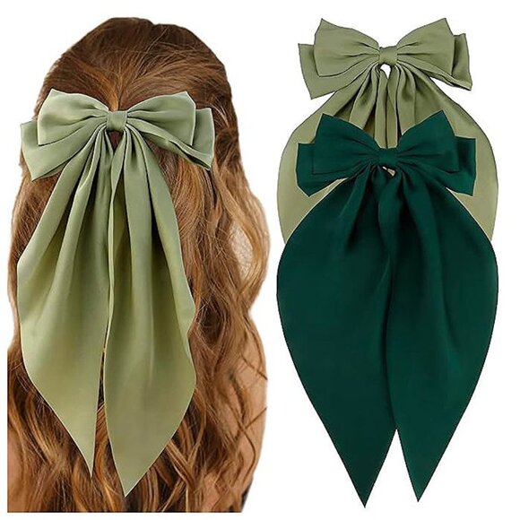 Accessories - Silky Satin Green Oversized Bowknot Bow Hair Accessories: 2 Pcs Large Green